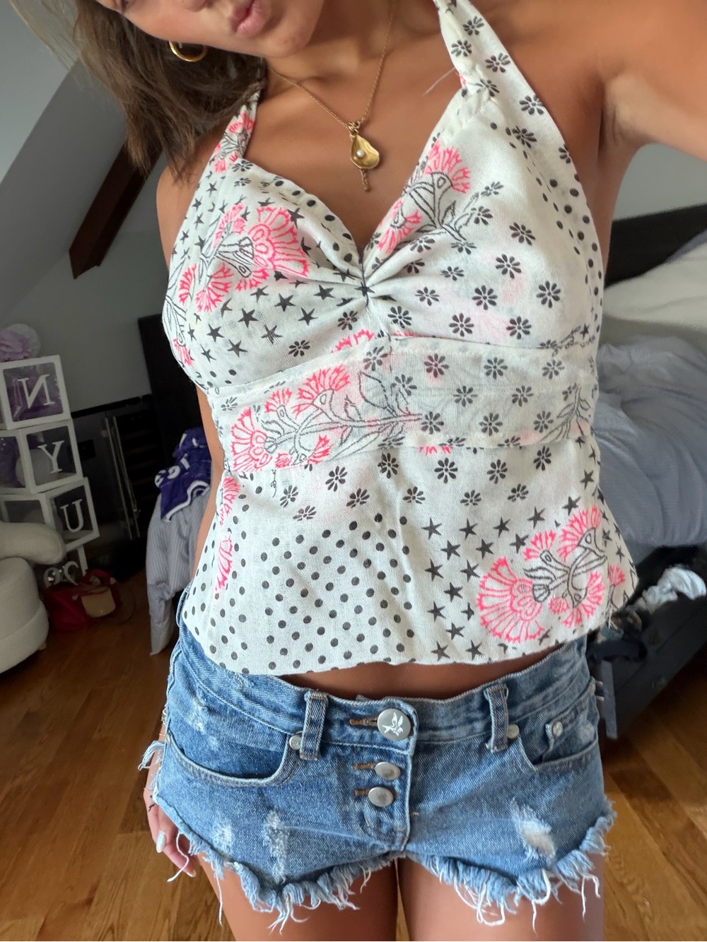 Hand Made by Me!! Free People Bag Halter Cami Top in White with Pink Accents
